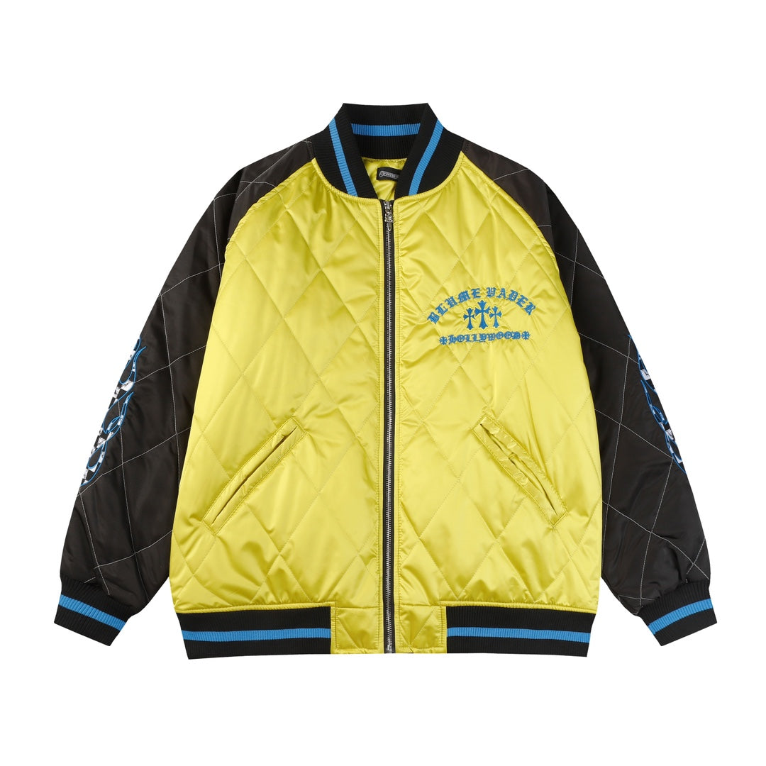 Chrome-Hearts Flaming Youth Bomber Jacket - Yellow Black Graphic Street Coat D10