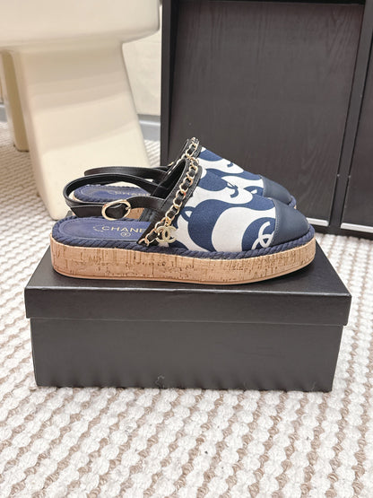 CC 26s Rope-Soled Sandals Navy Blue White Canvas Leather 652563