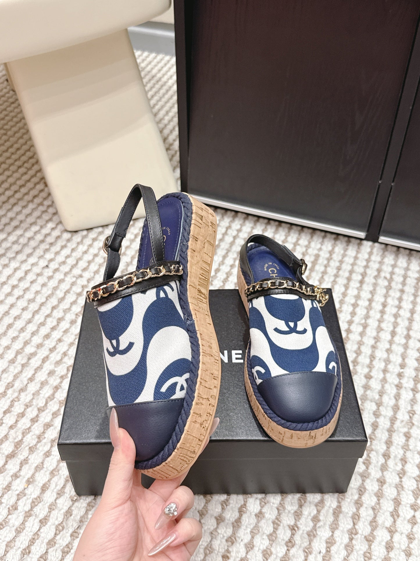 CC 26s Rope-Soled Sandals Navy Blue White Canvas Leather 652563