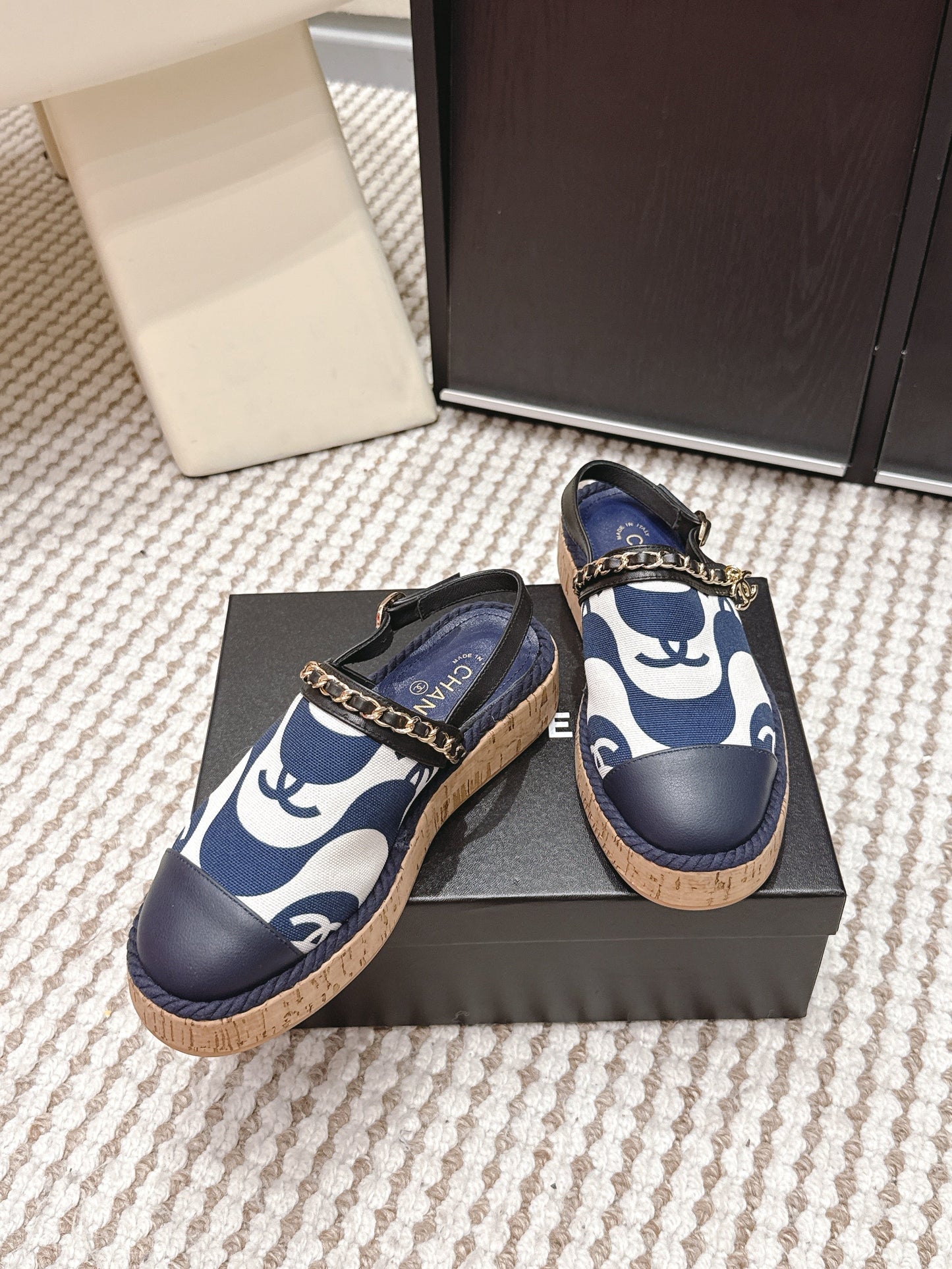 CC 26s Rope-Soled Sandals Navy Blue White Canvas Leather 652563