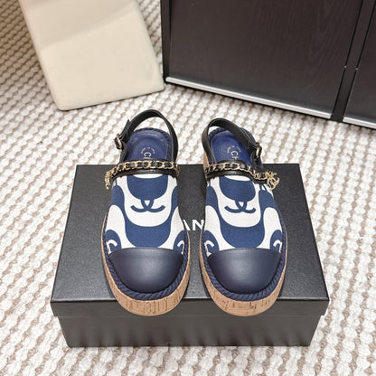 CC 26s Rope-Soled Sandals Navy Blue White Canvas Leather 652563