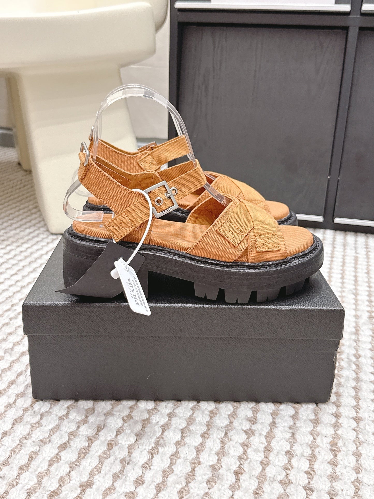 PRA 2026S Platform Sandals Camel Brown Black Canvas 657525