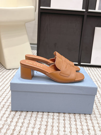 PRA 2026S High Heel Slippers 55 Tan Brown Leather  658337