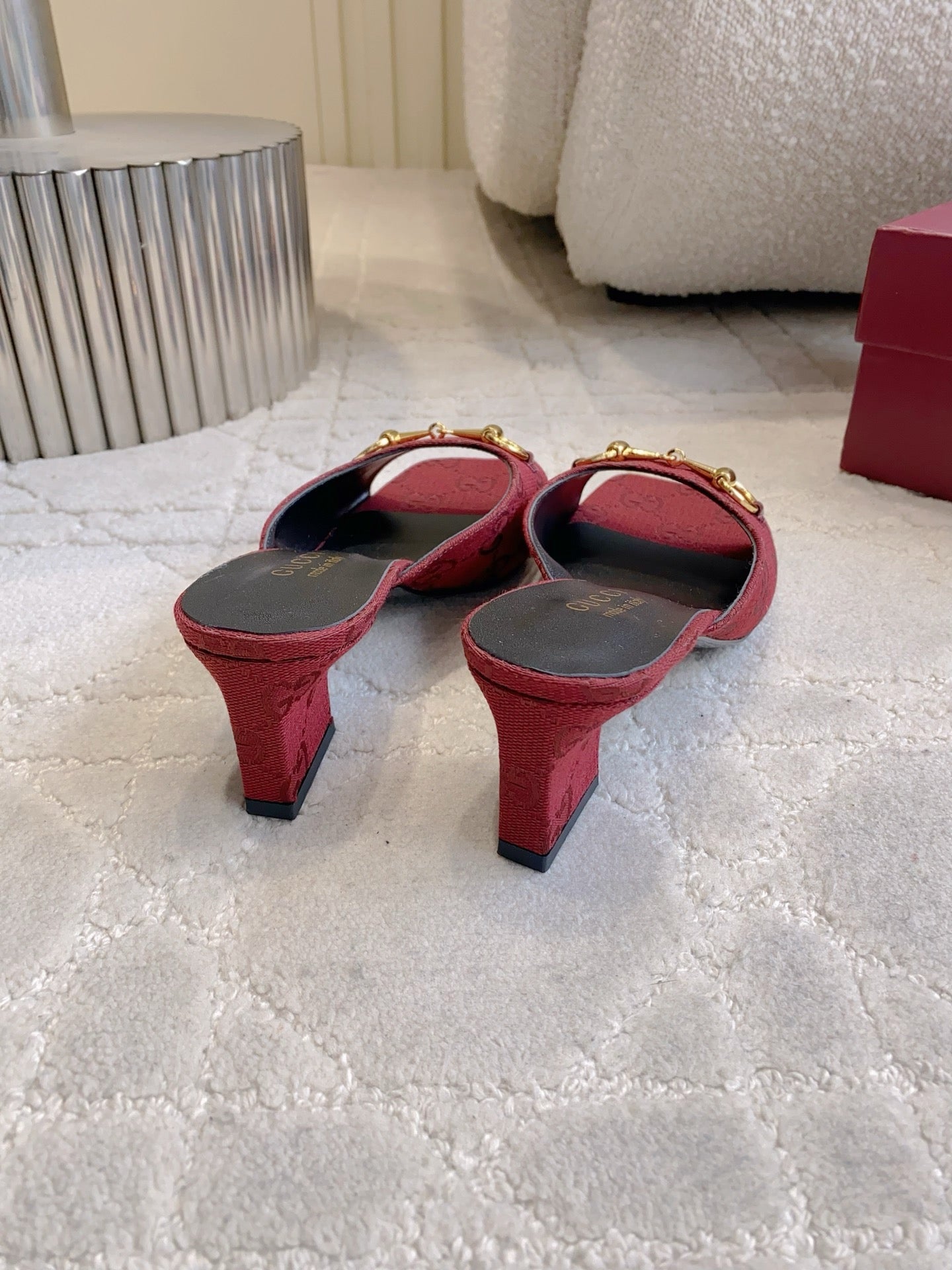 GG 26SS High-Heeled Sandals Dark Red Canvas Leather 644532