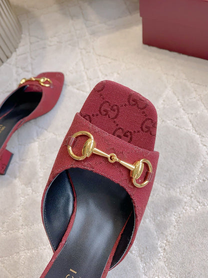 GG 26SS High-Heeled Sandals Dark Red Canvas Leather 644532