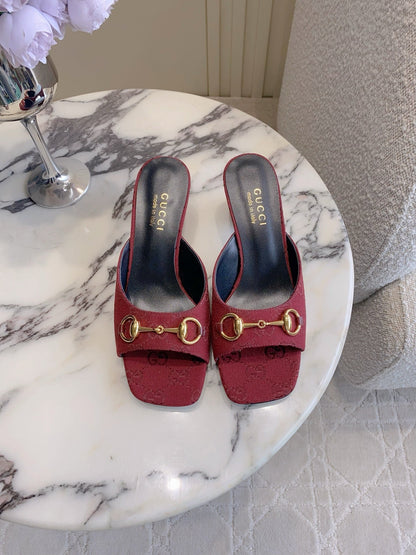 GG 26SS High-Heeled Sandals Dark Red Canvas Leather 644532