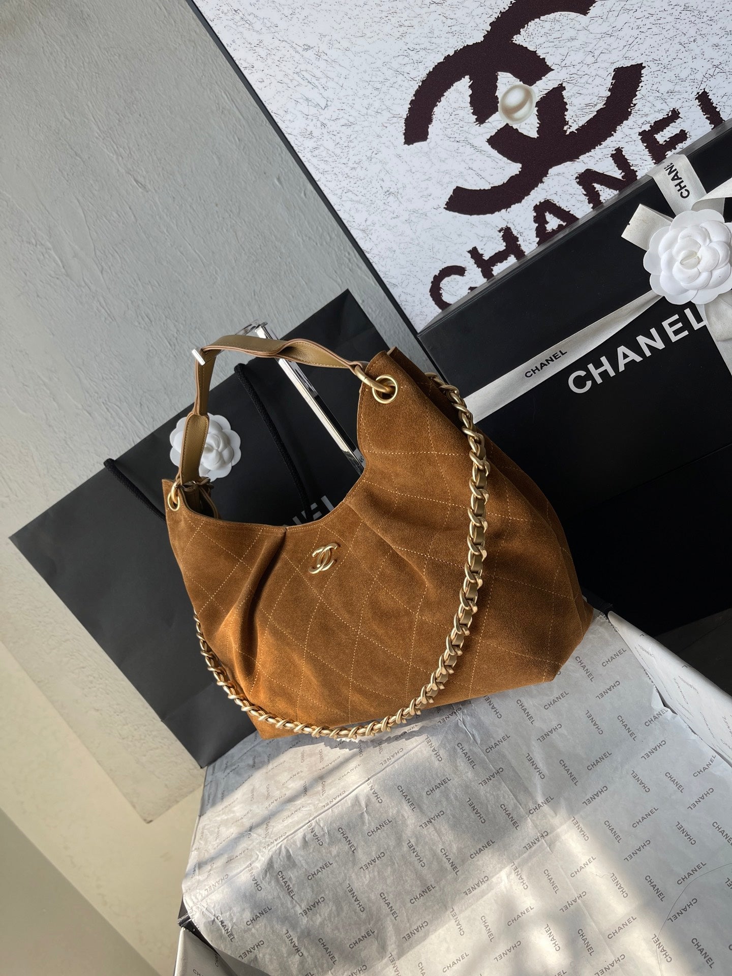 Chanel 2026 Hobo Beach Tote Bag 33cm Tan Suede