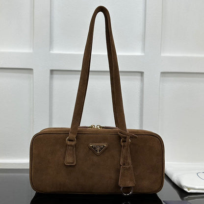 Prada 2026 Hobo Bowling Shoulder Bag 27cm Brown Suede Calfskin