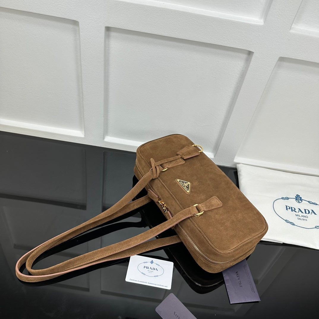 Prada 2026 Hobo Bowling Shoulder Bag 27cm Brown Suede Calfskin
