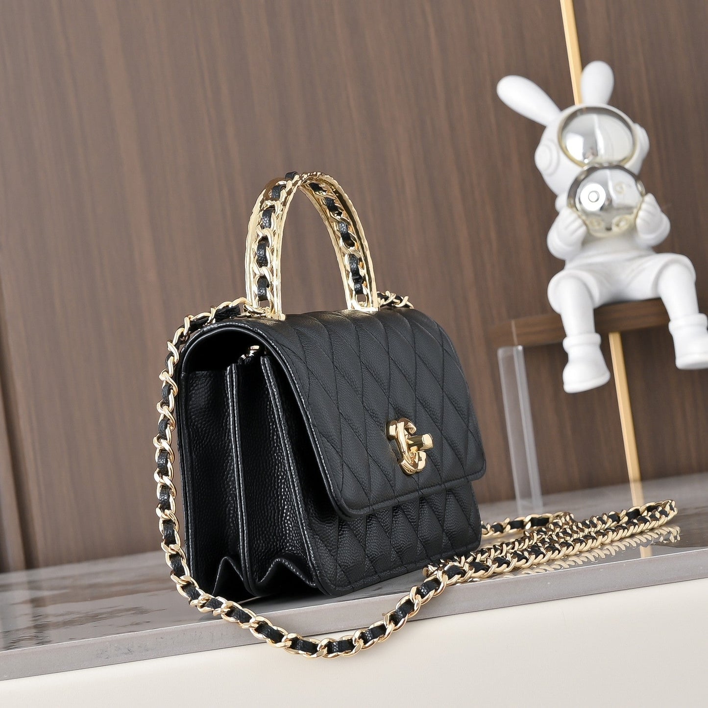 Chanel 2026 Gold Handle Bag 18.5cm Black and White Calfskin