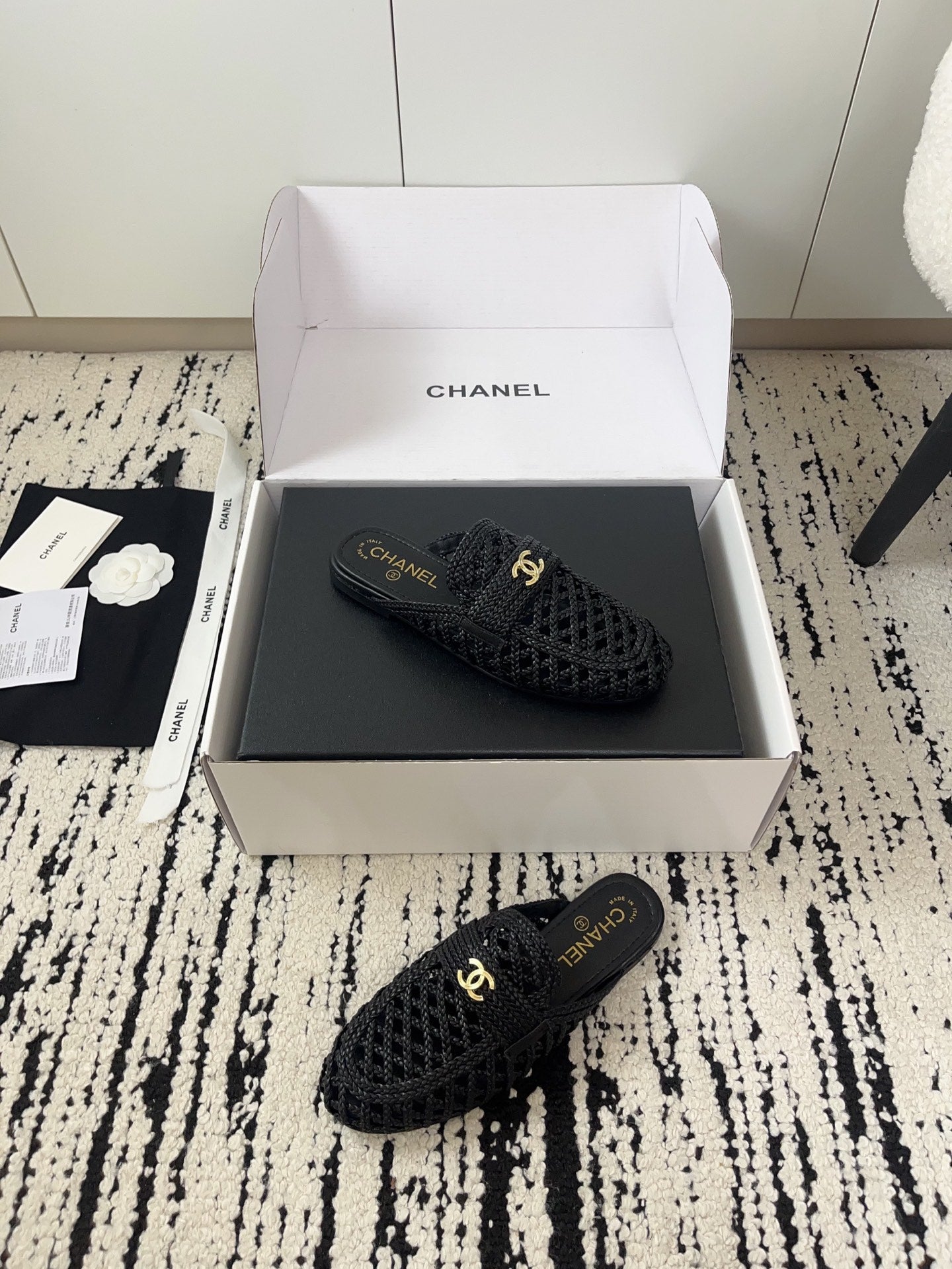 Chanel 2026 Crochet Mules Gold CC Logo Accent Sheepskin 778468
