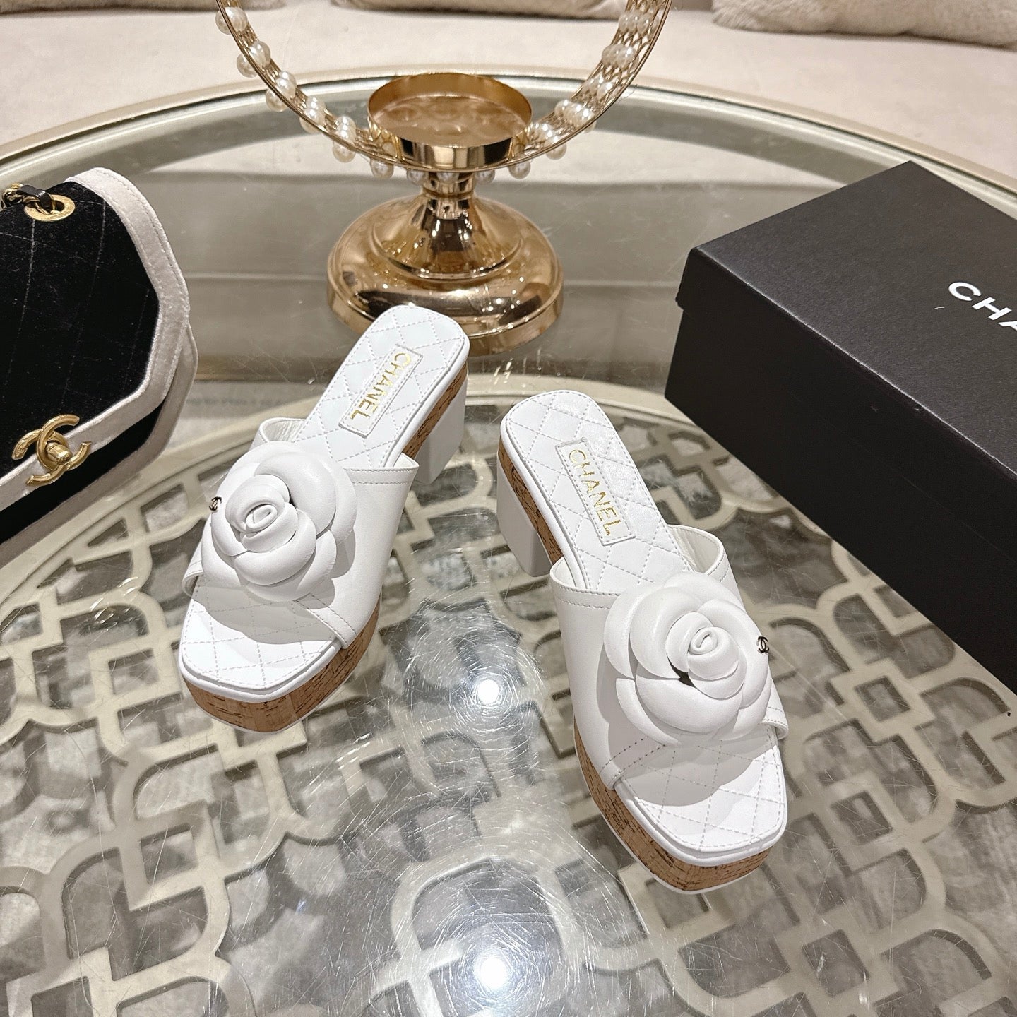 CC 26s Camellia Platform Slippers 65 White Lambskin 627047