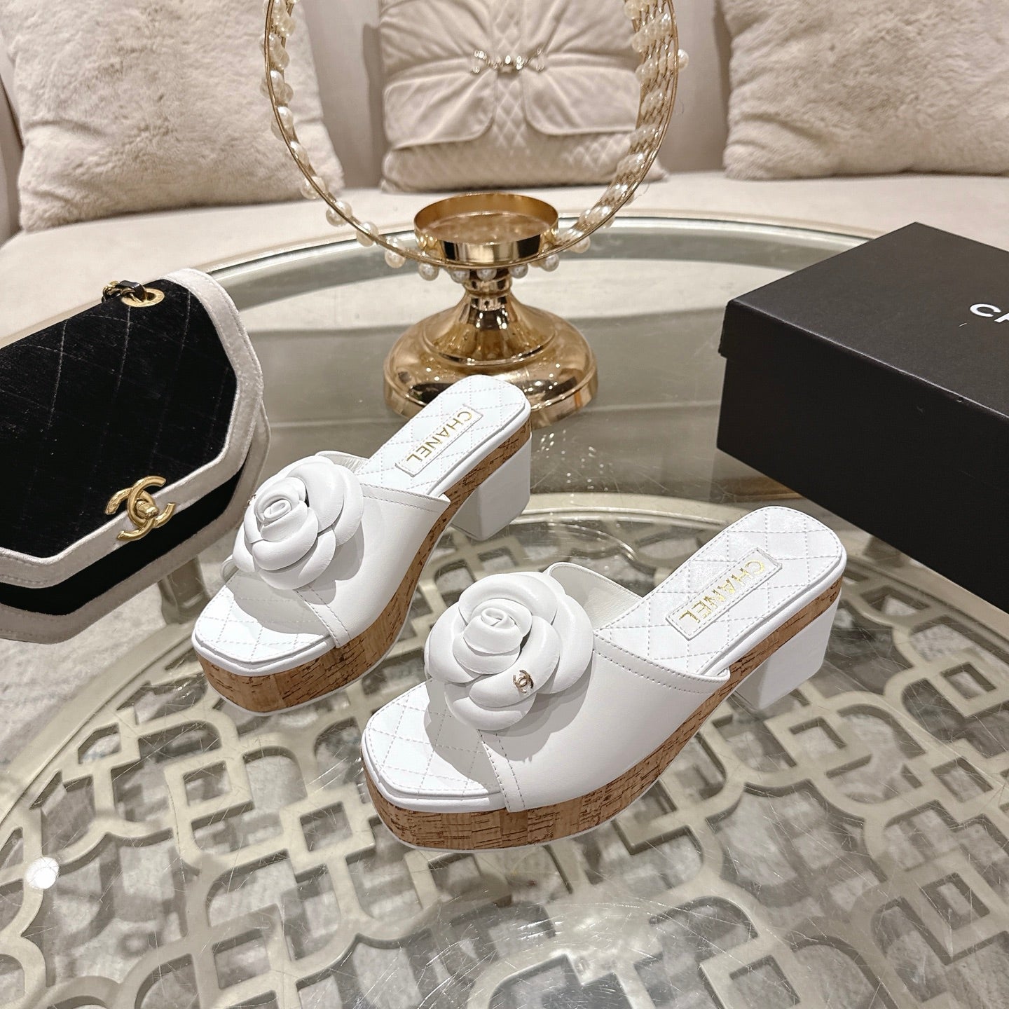 CC 26s Camellia Platform Slippers 65 White Lambskin 627047