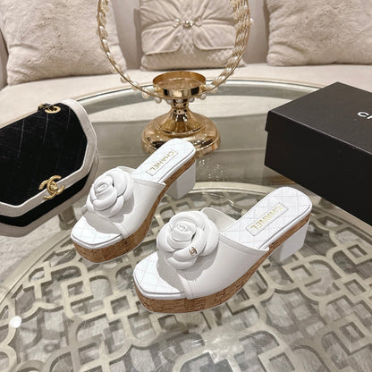 CC 26s Camellia Platform Slippers 65 White Lambskin 627047