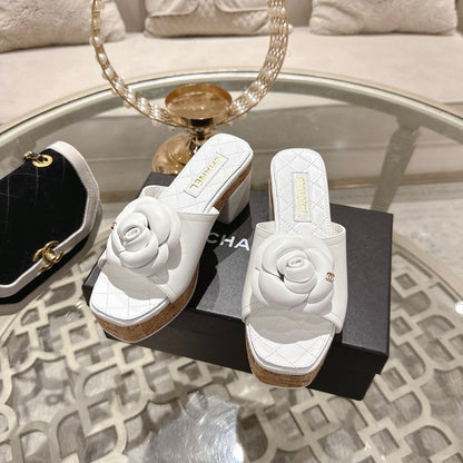 CC 26s Camellia Platform Slippers 65 White Lambskin 627047
