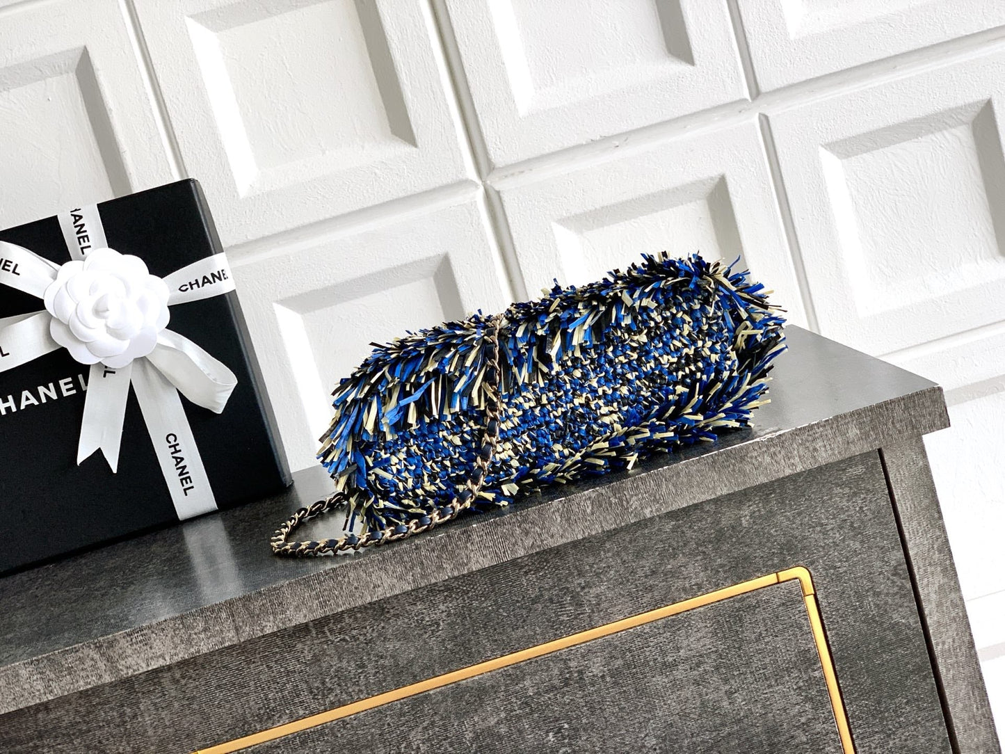 Chanel 2026 Bag 19cm Blue Black Yellow Raffia Leather