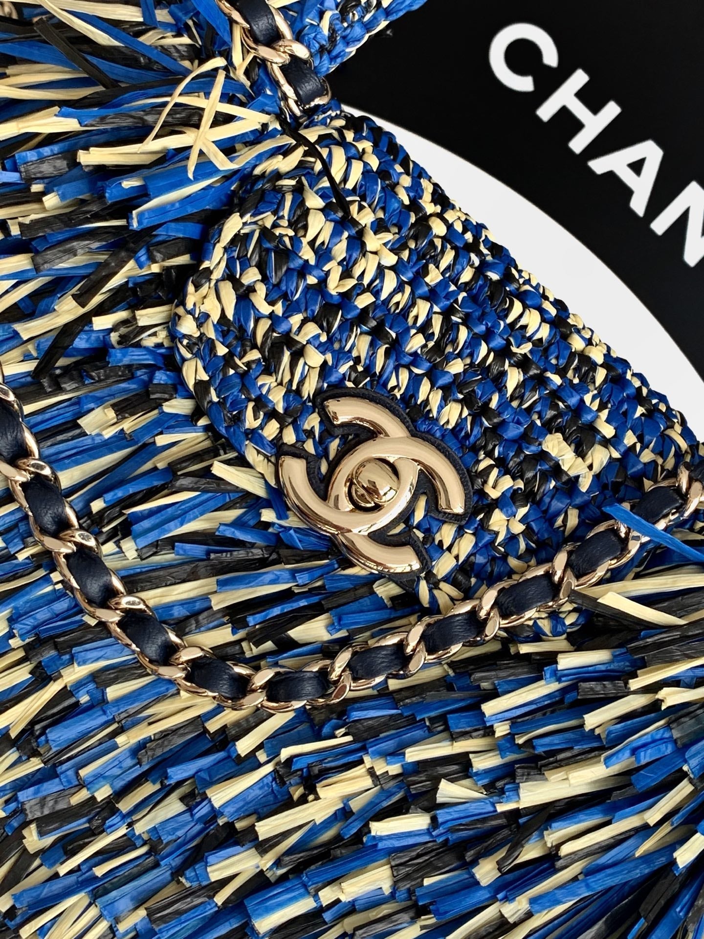 Chanel 2026 Bag 19cm Blue Black Yellow Raffia Leather