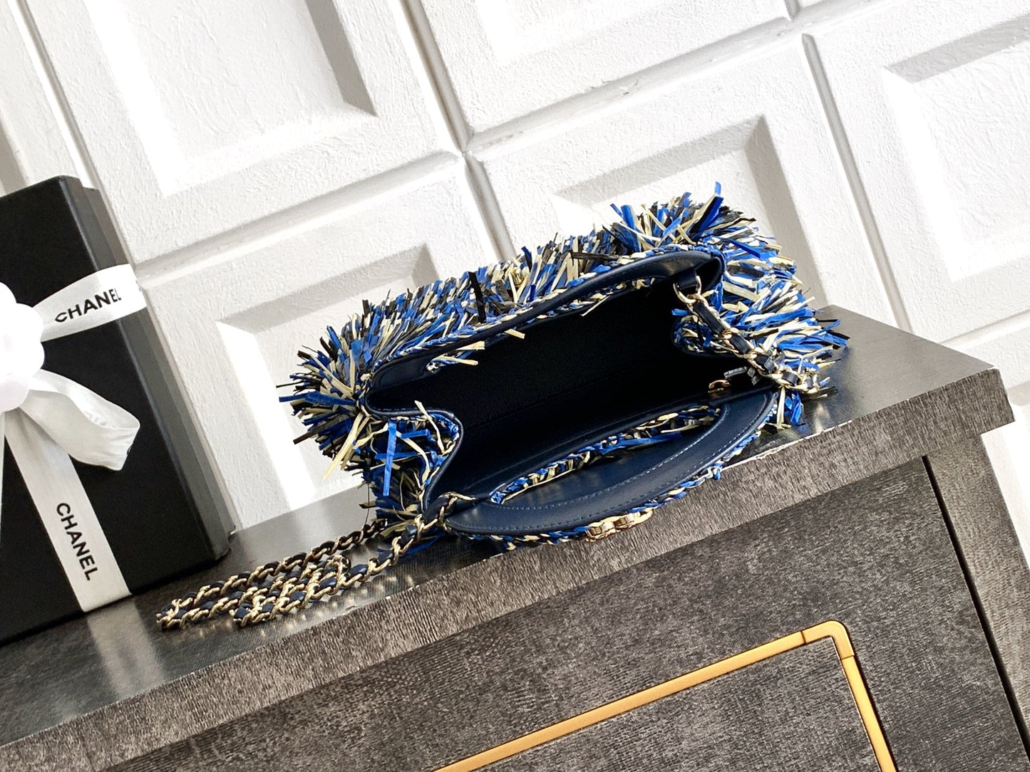 Chanel 2026 Bag 19cm Blue Black Yellow Raffia Leather