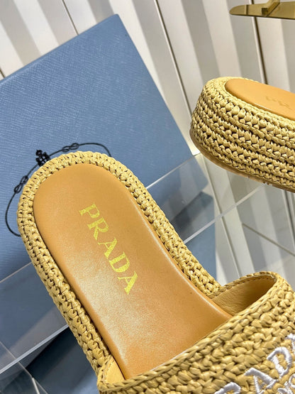 Prada 202 Platform Slide Sandals 40mm Woven Raffia 768777