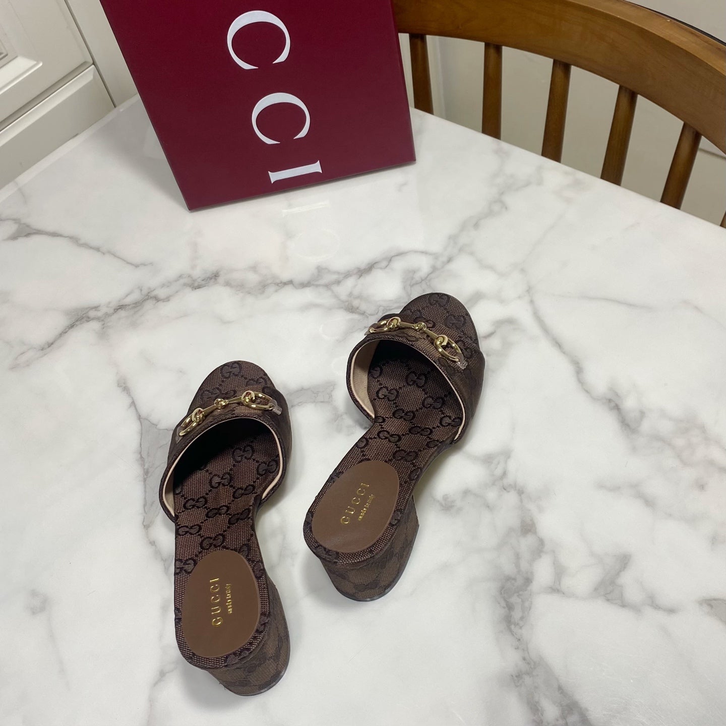 GG 26SS Chunky Heeled Sandals 65 Dark Brown Canvas Leather 640623