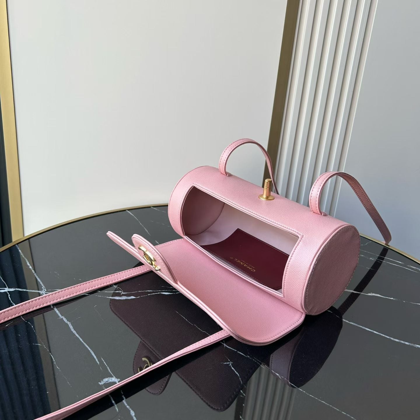 Chanel 2026 Bowling Ball Cylinder Bag 20.5cm Pink Caviar Leather 345494