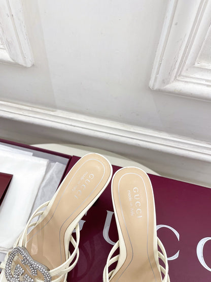 GG 26 High-Heeled Mules 85 White Beige Leather 587084
