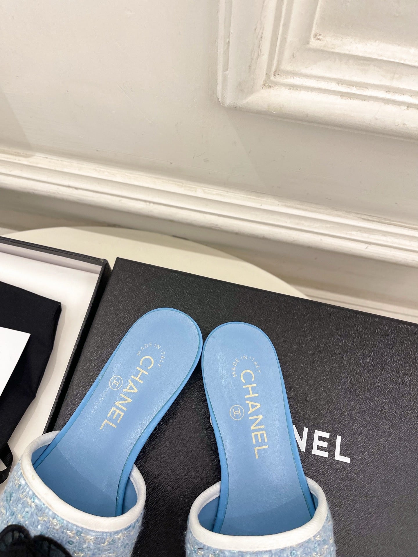 Chanel 2026 Camellia Flat Slippers Leather Sheepskin Tweed 831467