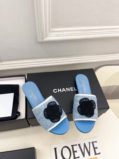 Chanel 2026 Camellia Flat Slippers Leather Sheepskin Tweed 831467