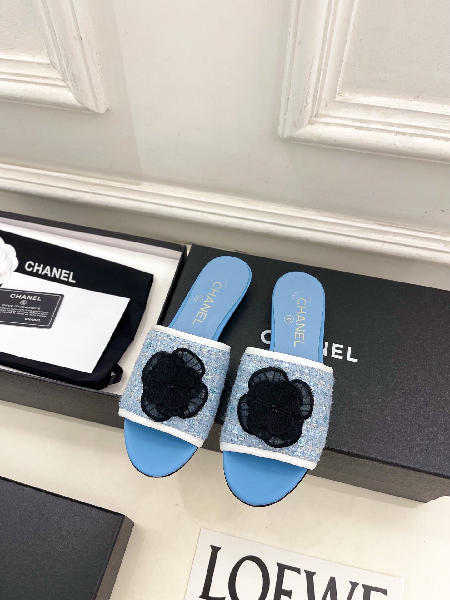 Chanel 2026 Camellia Flat Slippers Leather Sheepskin Tweed 831467