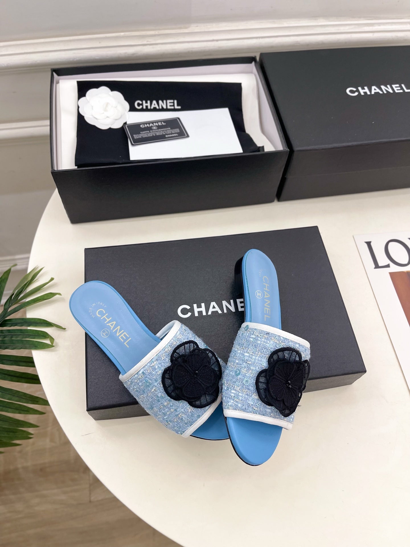 Chanel 2026 Camellia Flat Slippers Leather Sheepskin Tweed 831467