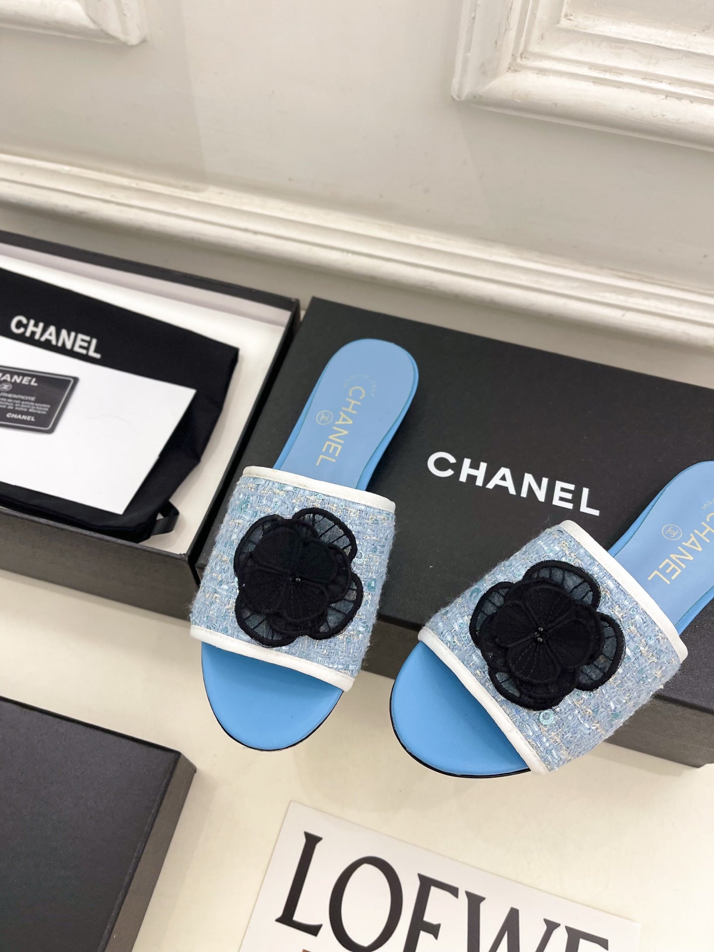 Chanel 2026 Camellia Flat Slippers Leather Sheepskin Tweed 831467