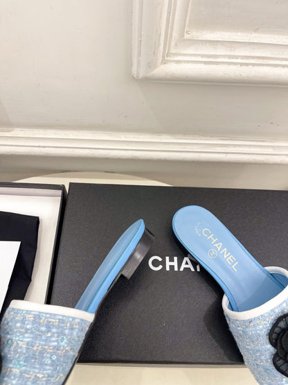 Chanel 2026 Camellia Flat Slippers Leather Sheepskin Tweed 831467